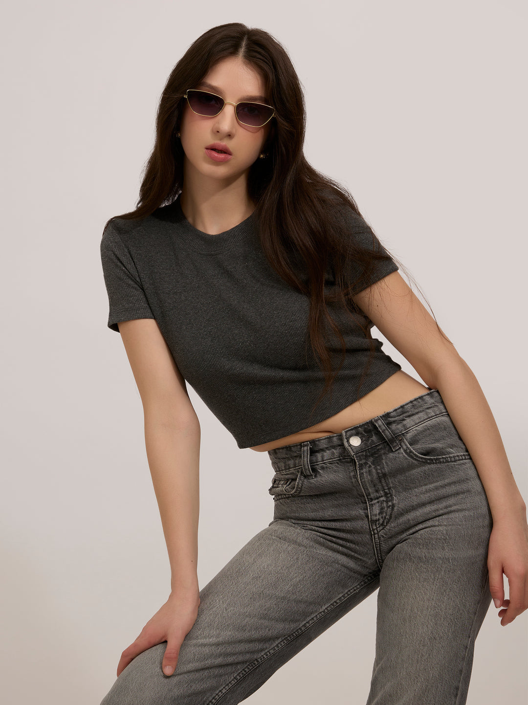 Grey Basic Fitted Ribbed Top
