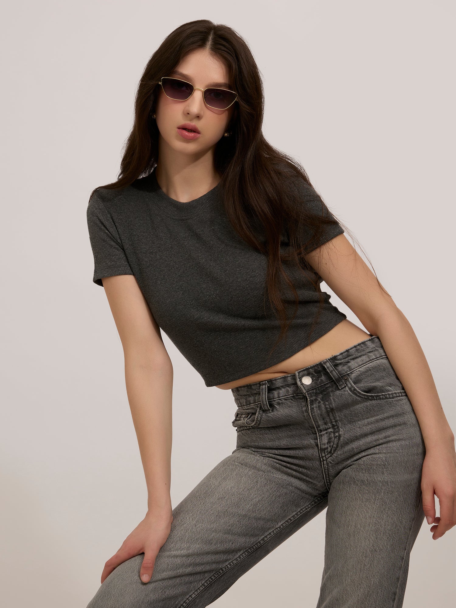 Grey Basic Fitted Ribbed Top
