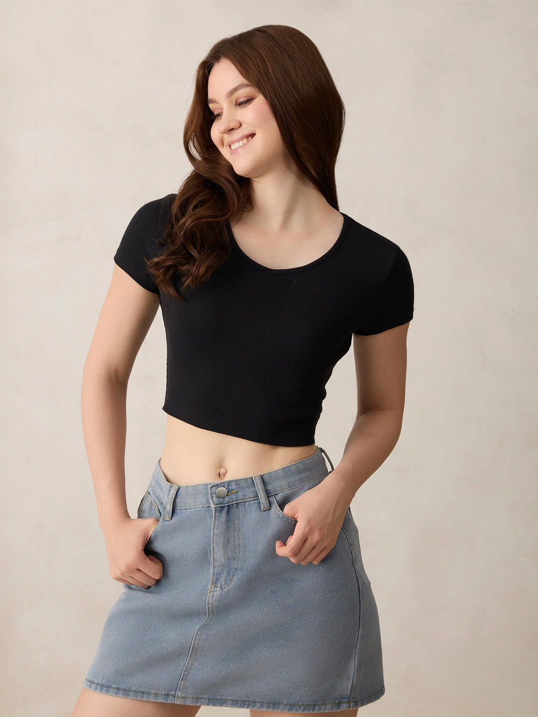 Black Basic Fitted V Neck Ribbed Top