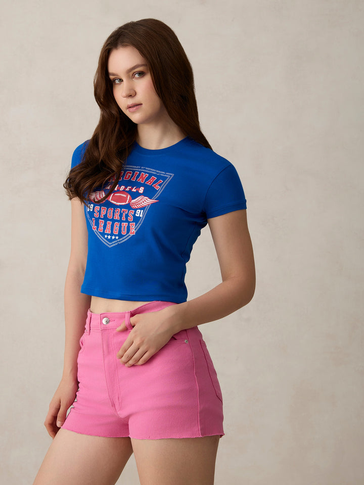 Blue Graphic Cropped T-Shirt