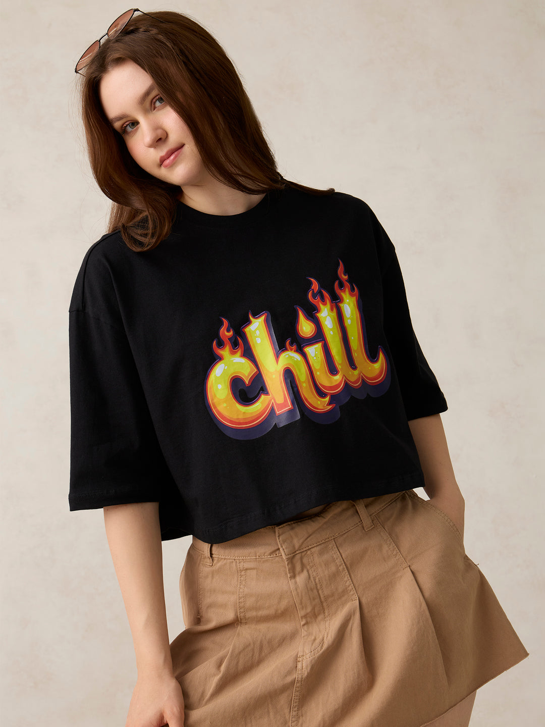 Black Graphic Cropped Boxy T-Shirt