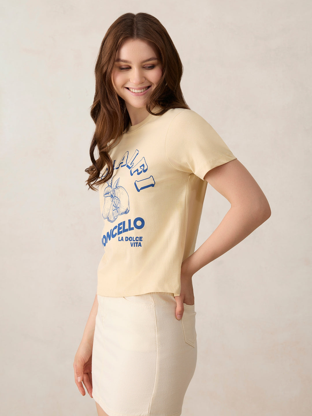 Beige Crew Neck Graphic T-Shirt