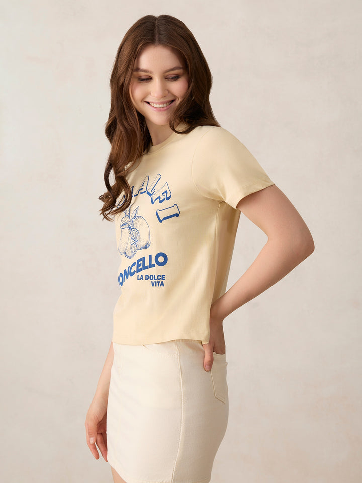 Beige Crew Neck Graphic T-Shirt