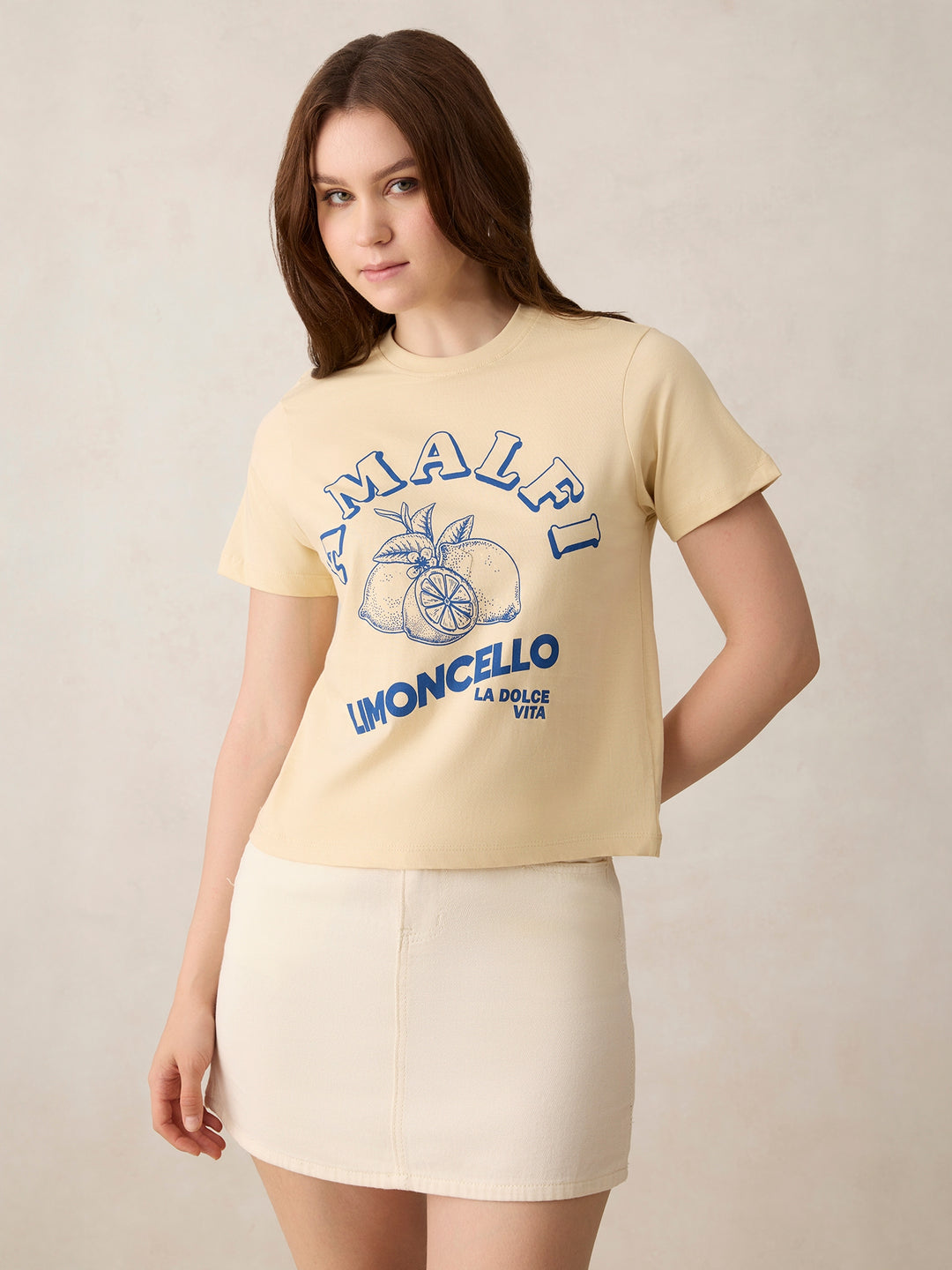 Beige Crew Neck Graphic T-Shirt