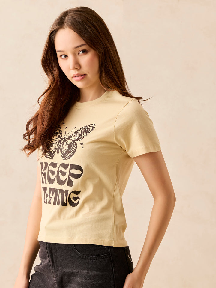 Beige Crew Neck Graphic T-Shirt