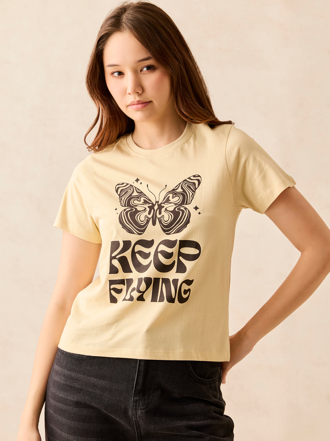 Beige Crew Neck Graphic T-Shirt