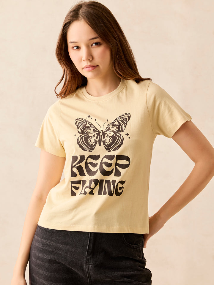 Beige Crew Neck Graphic T-Shirt