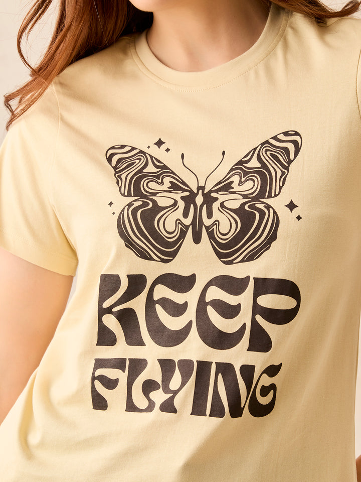 Beige Crew Neck Graphic T-Shirt