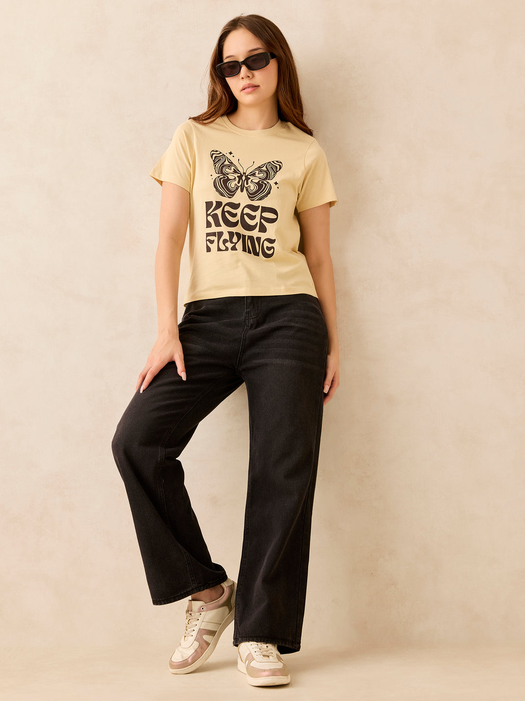Beige Crew Neck Graphic T-Shirt
