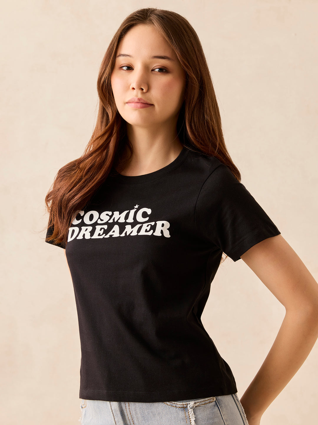 Crew Neck Black Graphic T-Shirt
