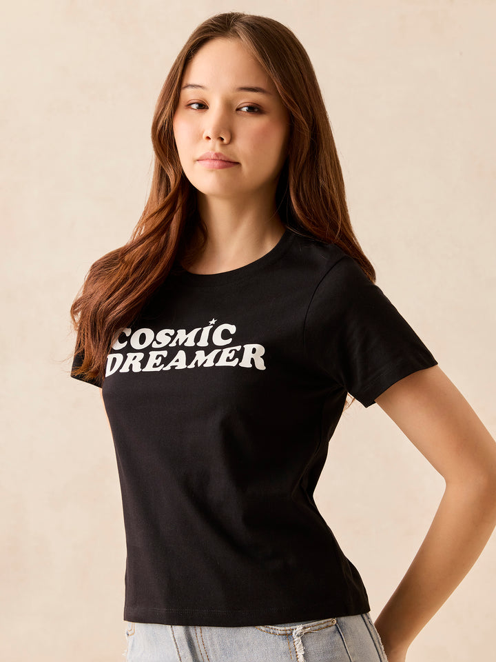 Crew Neck Black Graphic T-Shirt