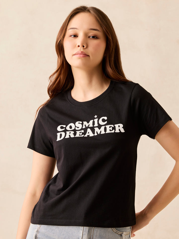 Crew Neck Black Graphic T-Shirt