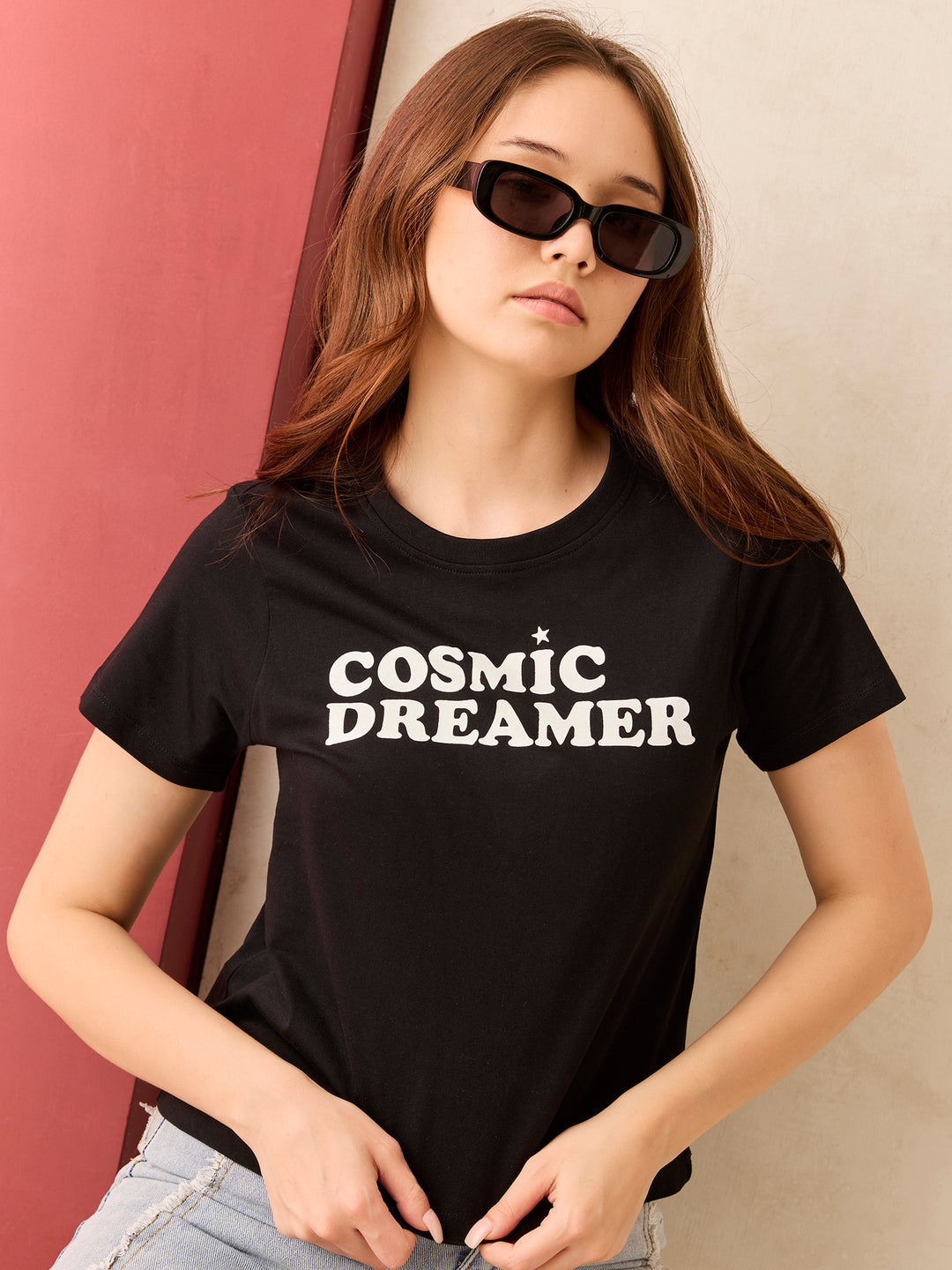 Crew Neck Black Graphic T-Shirt