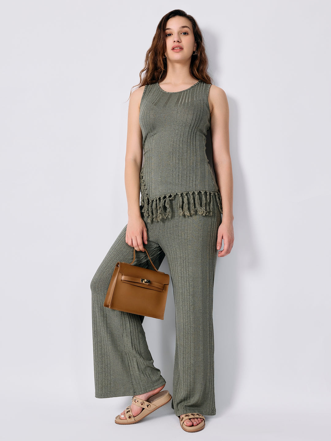 Green Sleeveless Top With Straight Trouser Coord Set