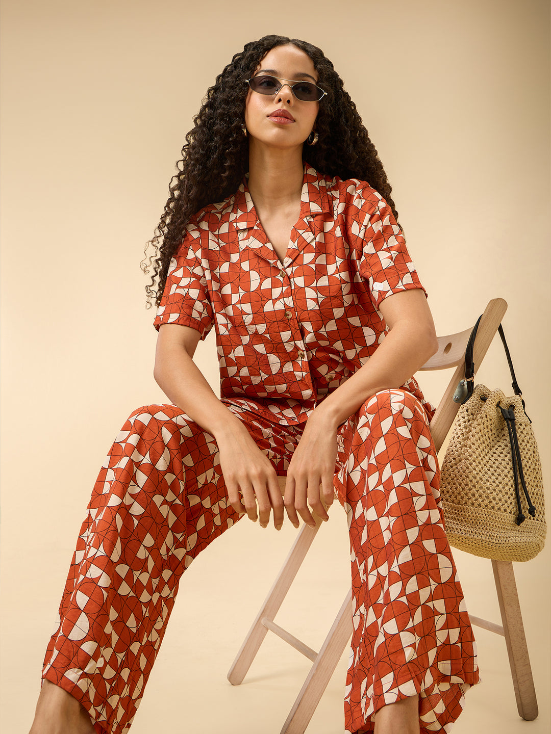 Rust Abstract Print Top And Pants Co Ord Set