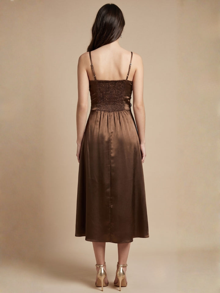 Brown Spaghetti Straps With  3D Floral Embellished Neckline Dress