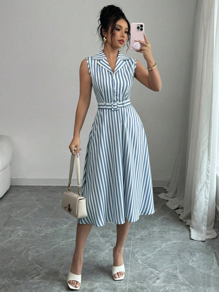 Blue Sleeveless Collared Belted Dress