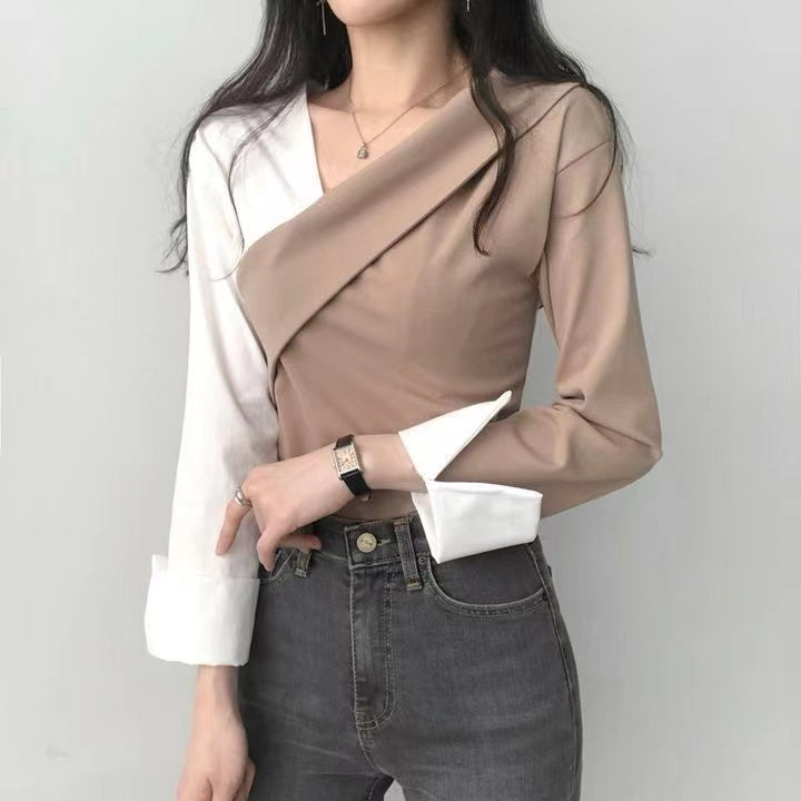 Khaki Color Block V Neck Top