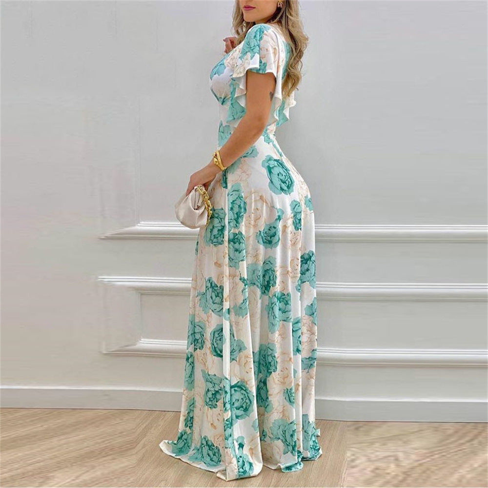 Aqua Printed Plunge Neck Flutter Sleeve Dress