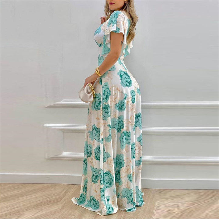 Aqua Printed Plunge Neck Flutter Sleeve Dress