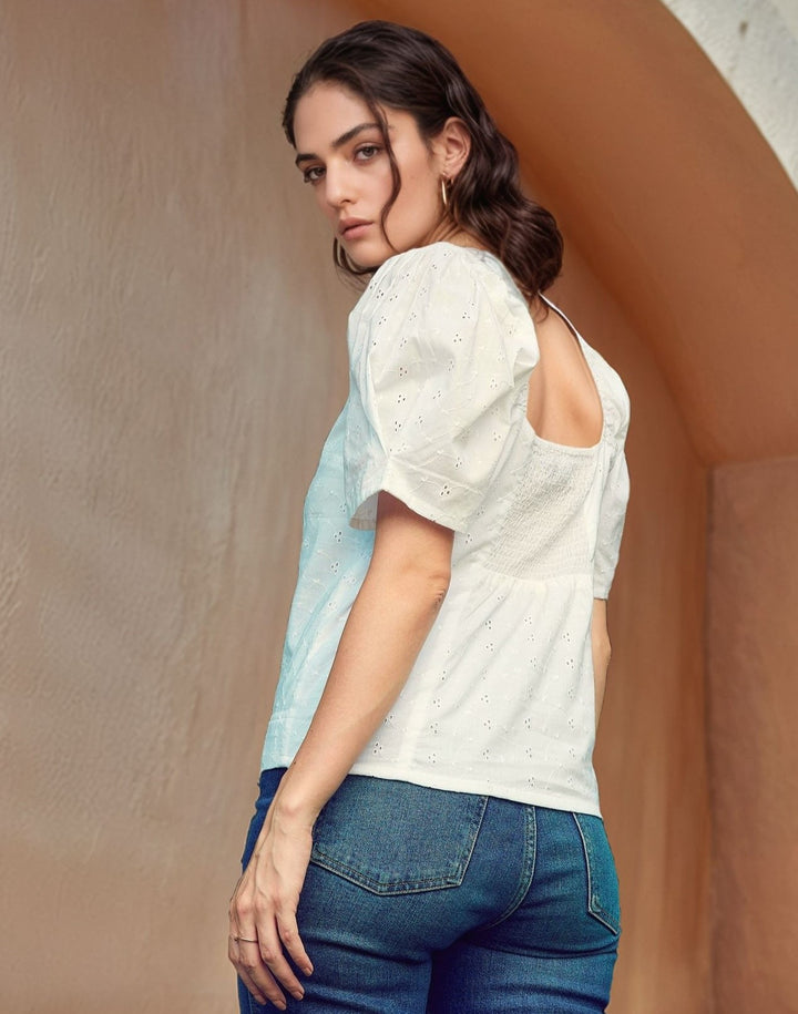 White Puff Print Schiffli Top