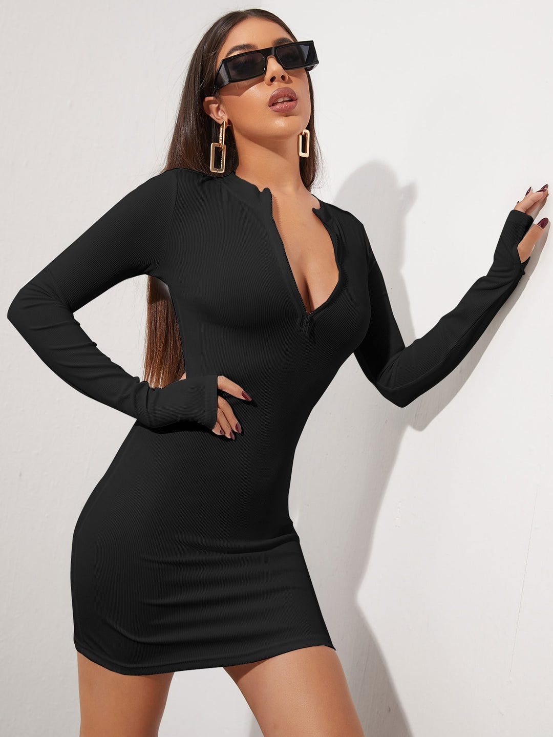 Black High Neck Front Zip Bodycon Dress