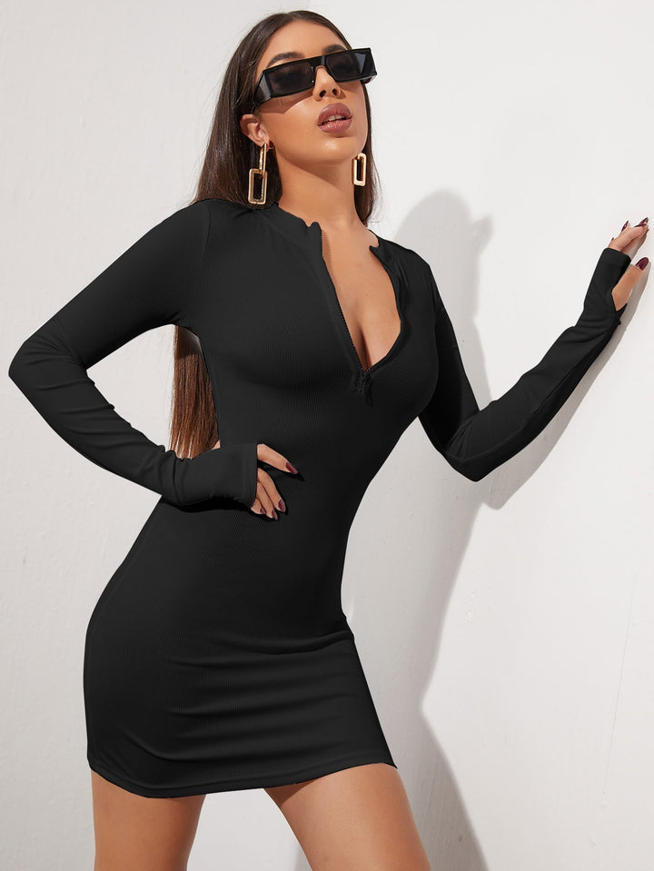 Black High Neck Front Zip Bodycon Dress