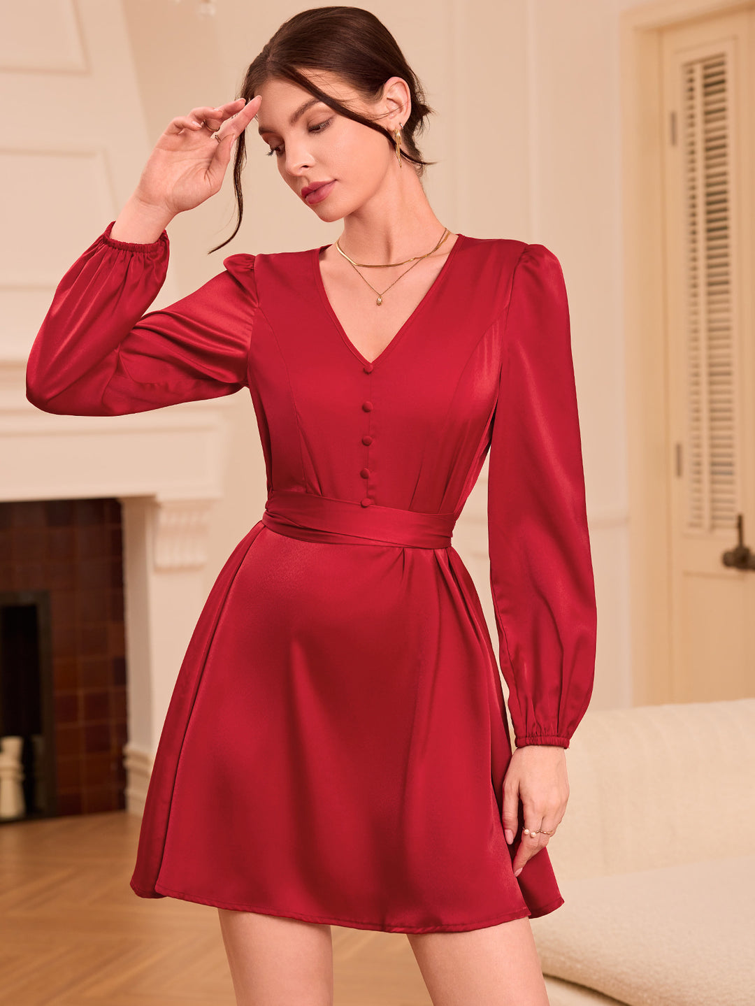 Red Bishop Sleeve Tie-Up Dress