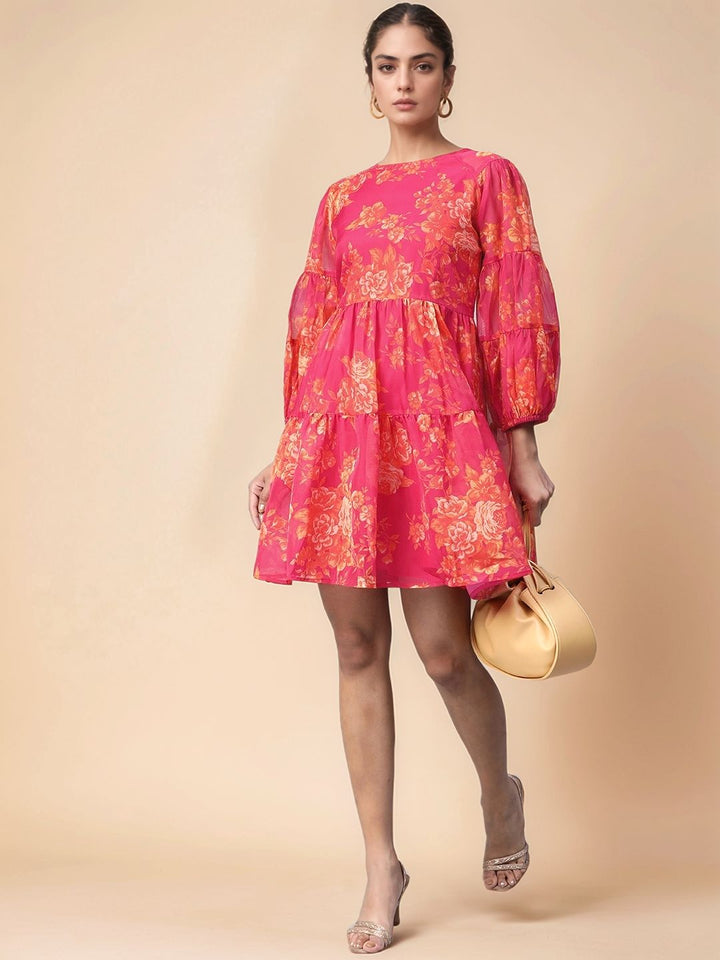 Fuchsia Abstract Printed Skater Dress