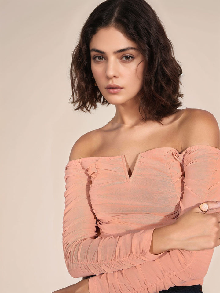 Beige Off Shoulder Mesh Top