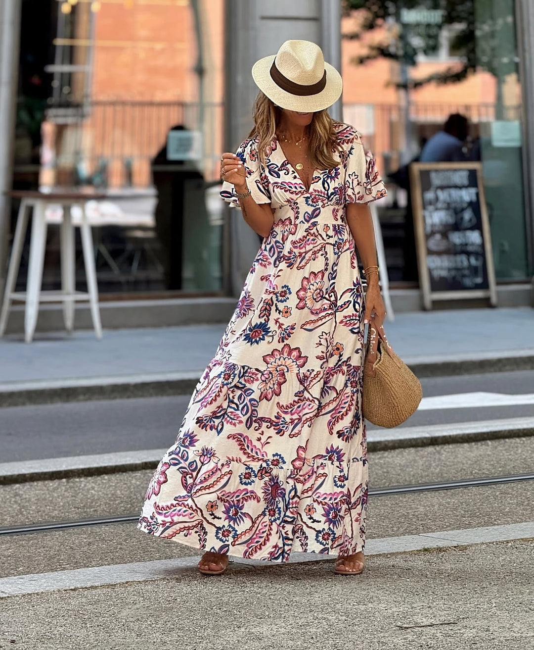 Multi Short Sleeve V-Neck Printed Dress