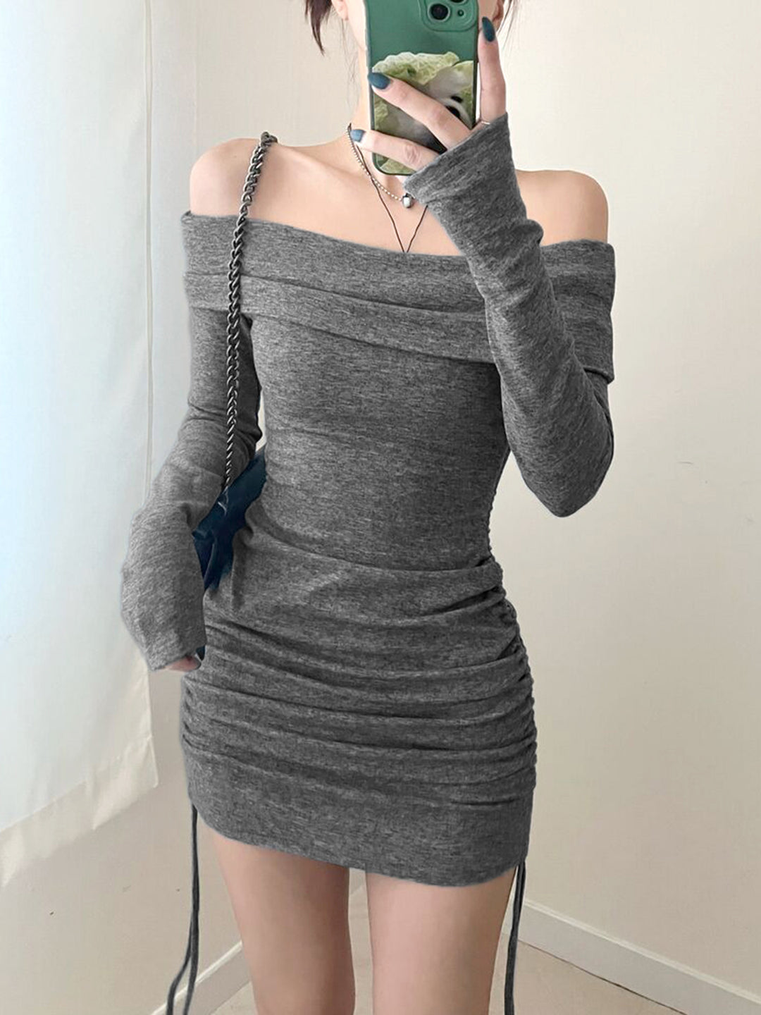 Grey Off-Shoulder Side Ruched Dress