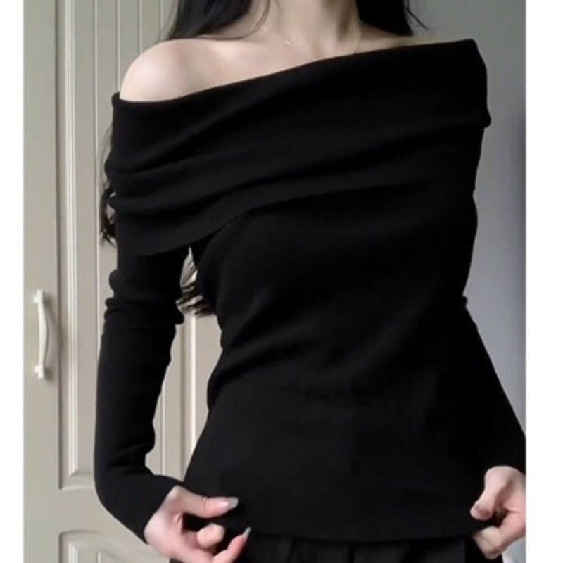 Black Off-Shoulder Pleated Knit Top
