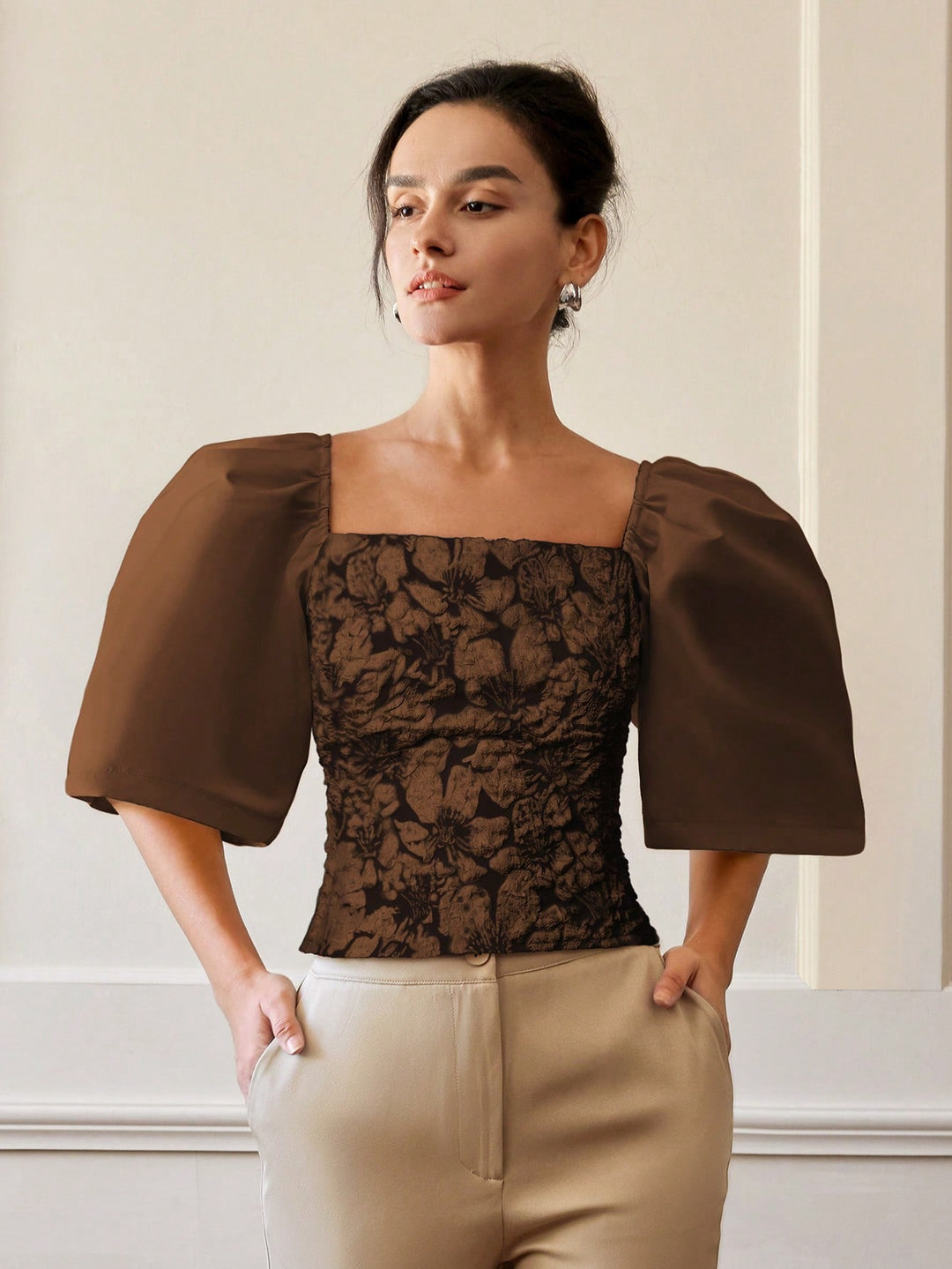 Brown Floral Textured Fitted Top