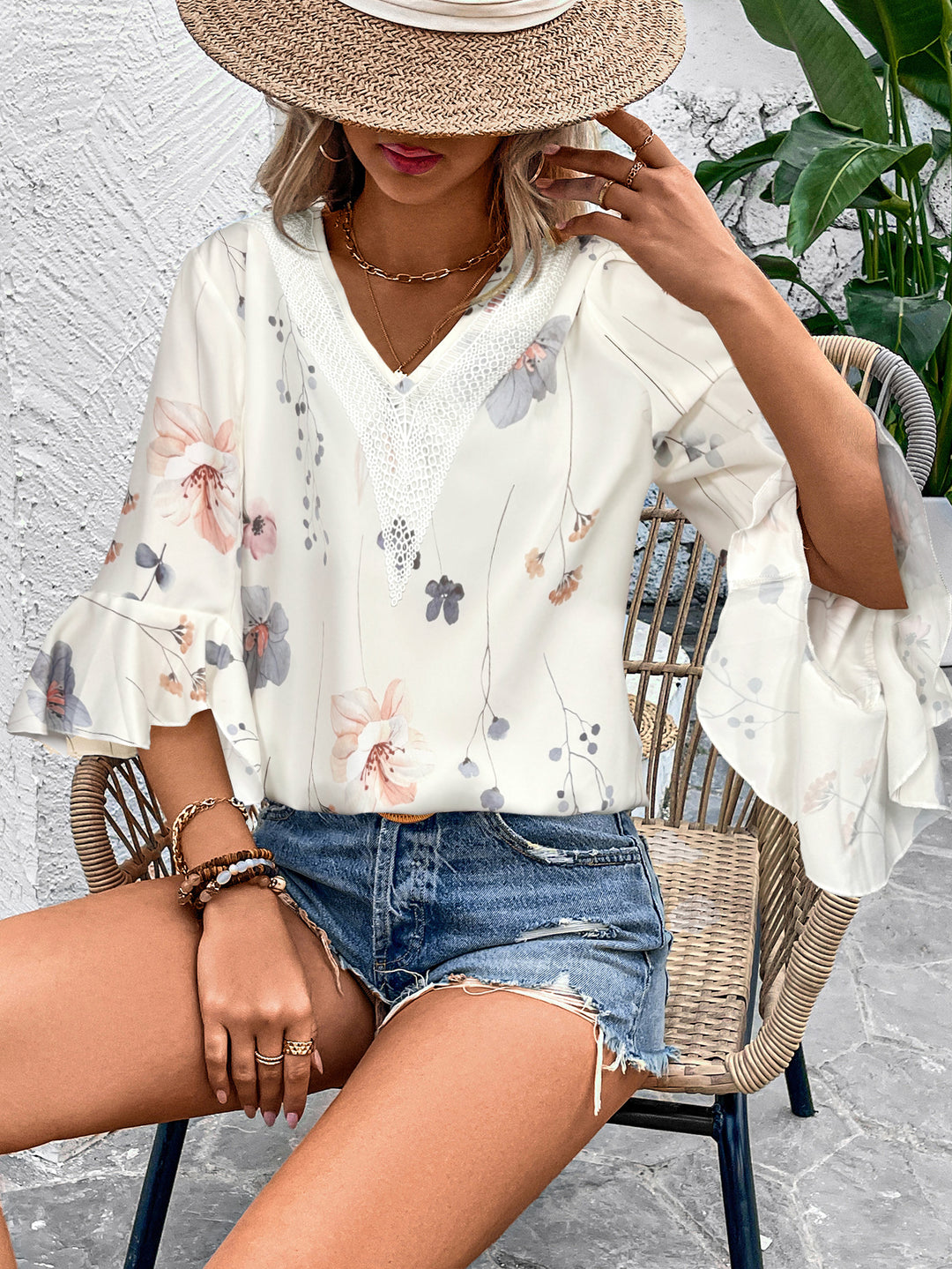 Cream Printed V Neck Top