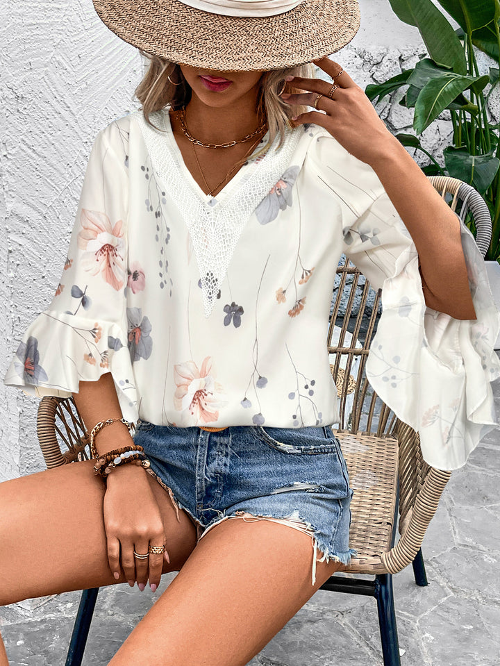 Cream Printed V Neck Top