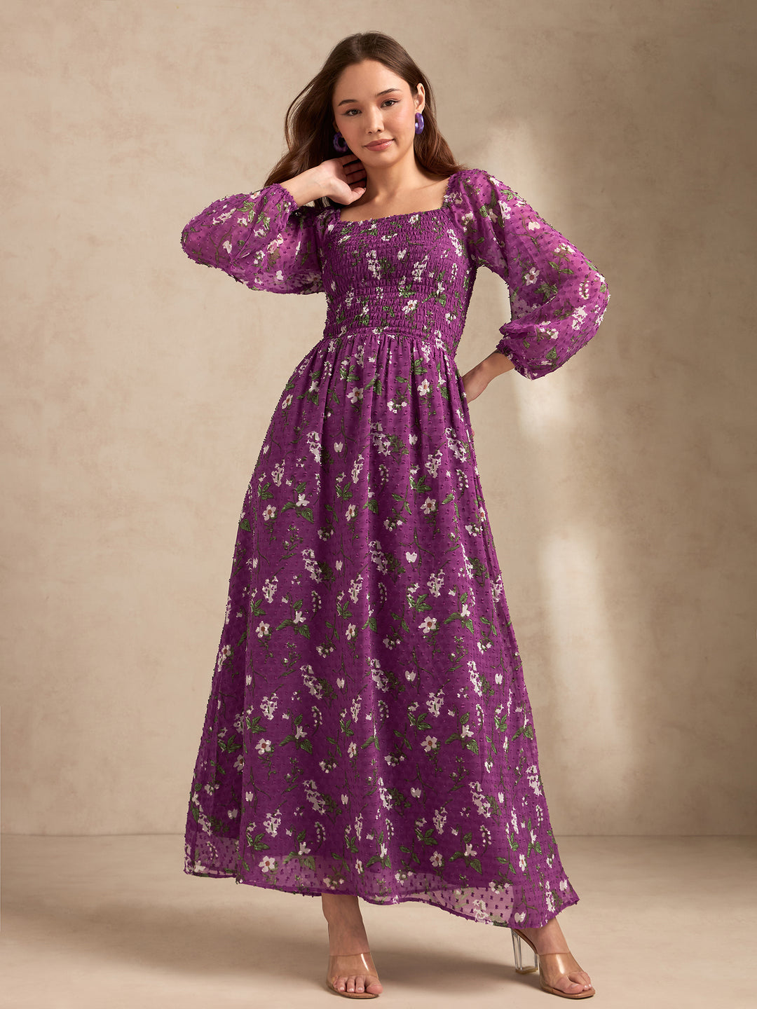 Purple Full Sleeves Printed Maxi Dress