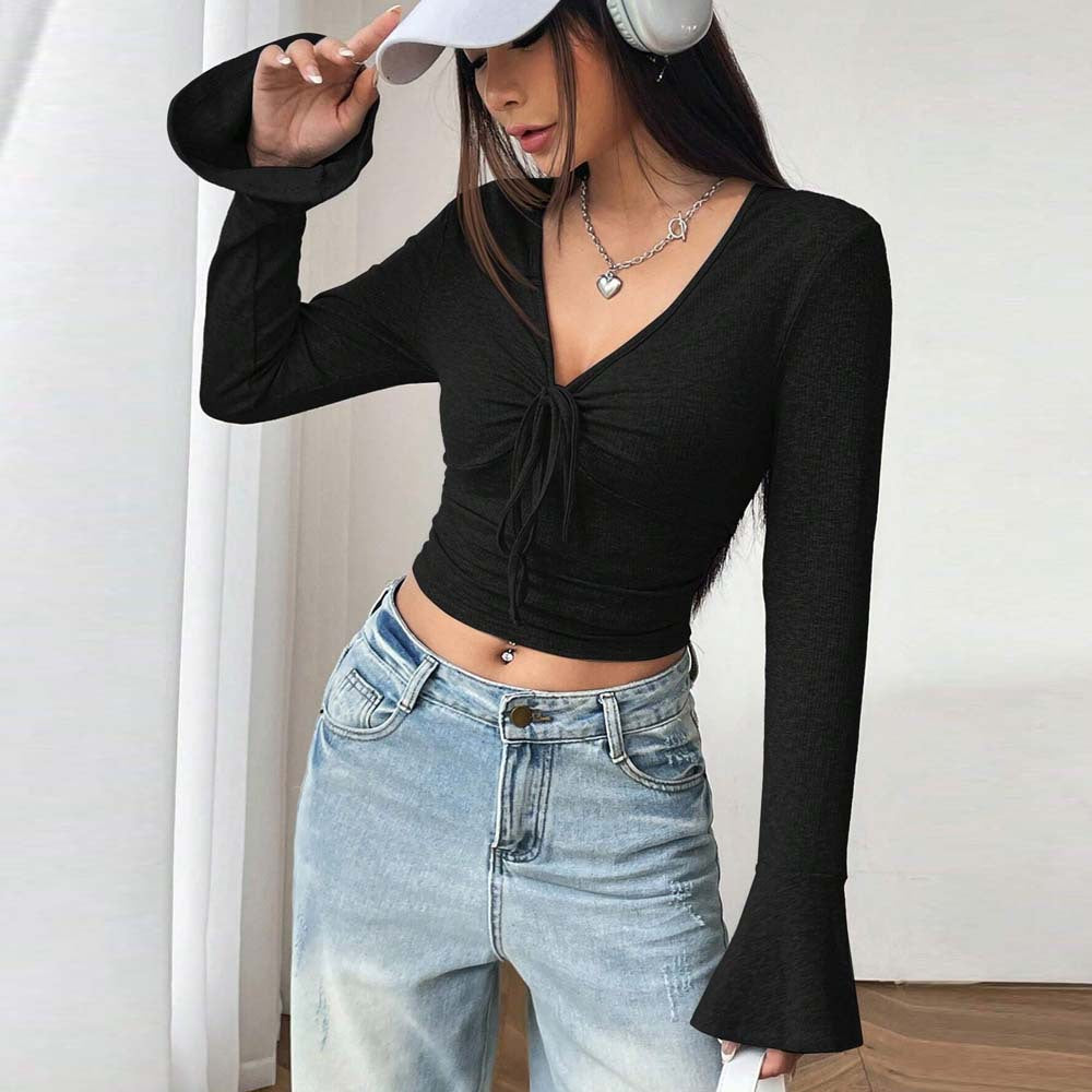 Black V Neck With Tie Up Detail Top