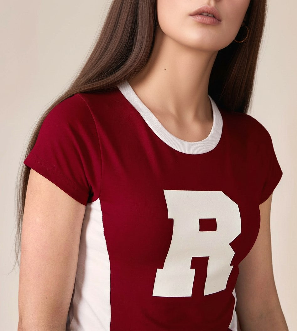 Maroon Short Sleeve Contrast Neck Graphic Print Tshirt