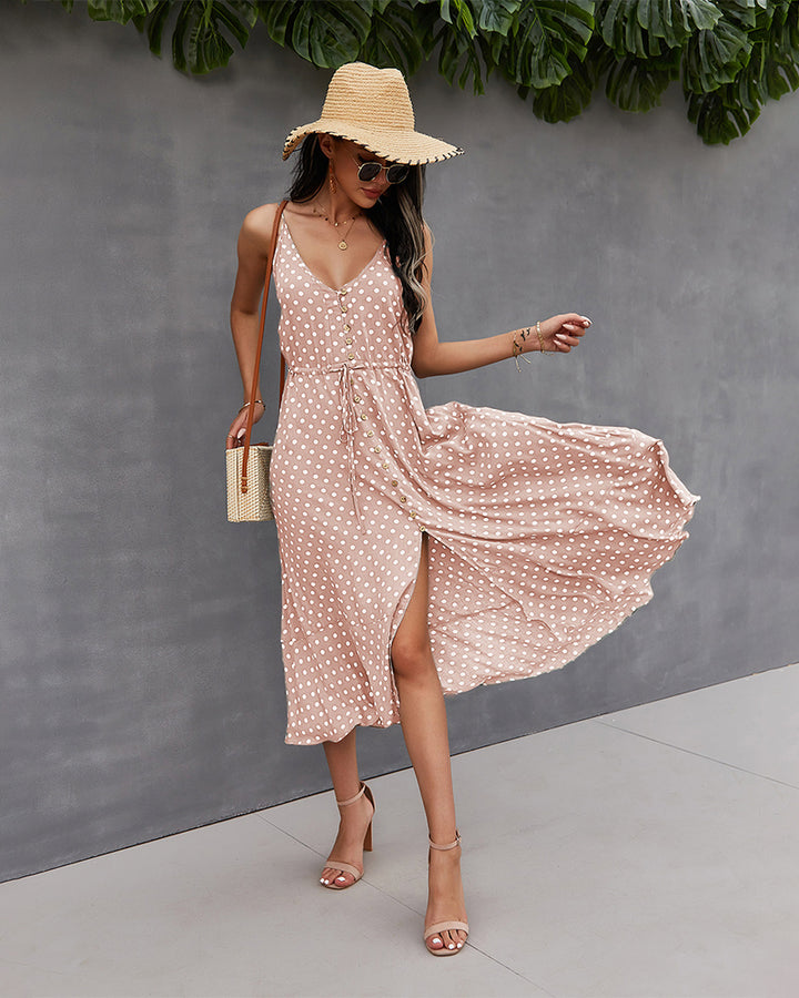 Pink Front Buttoned Midi A-Line Dress