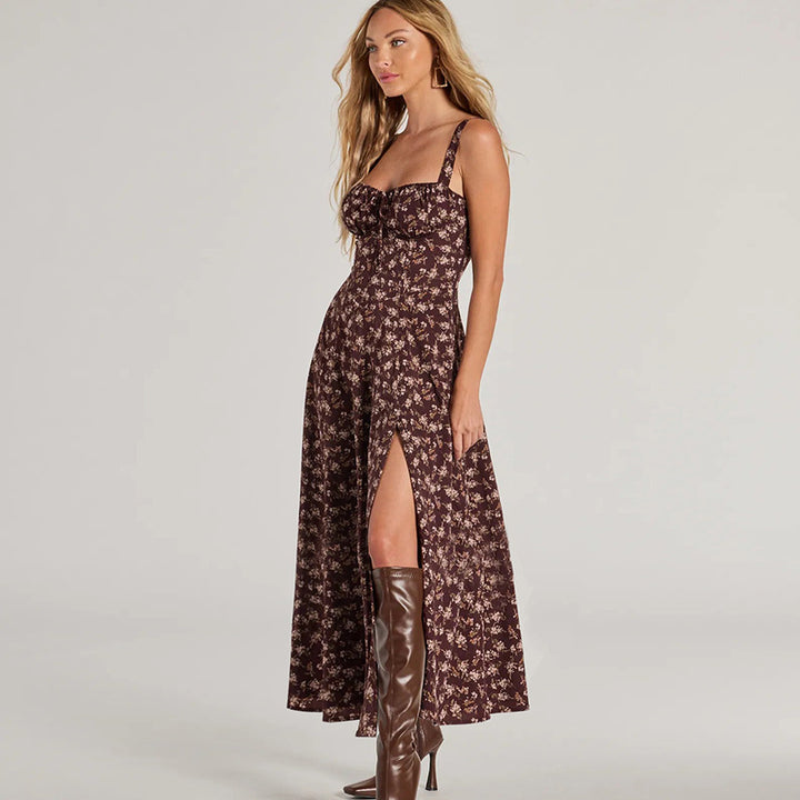 Brown Strapless Slit Midi Dress