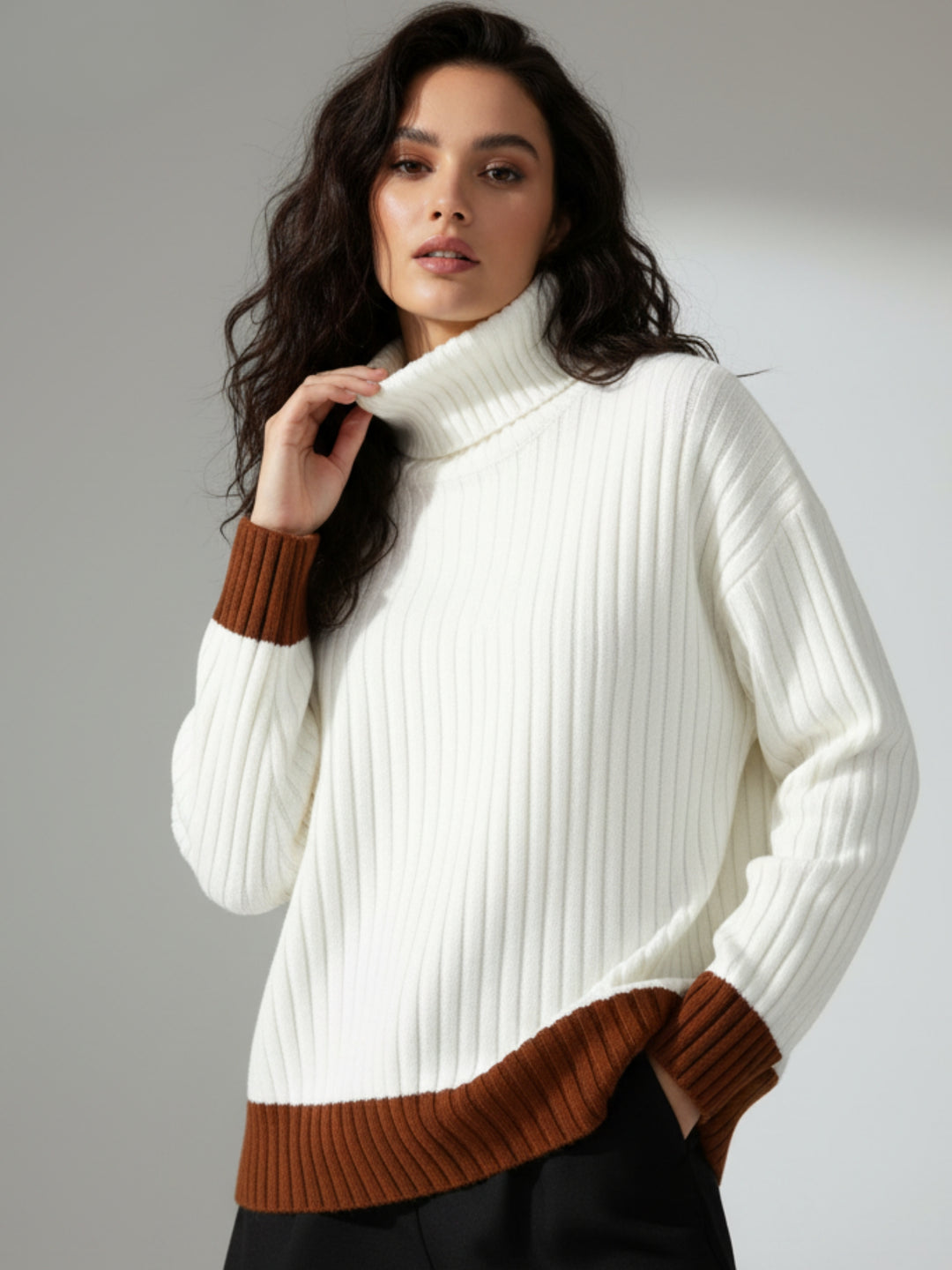 Off White Full Sleeve Turtle Neck Contrast Hem Slouchy Sweater