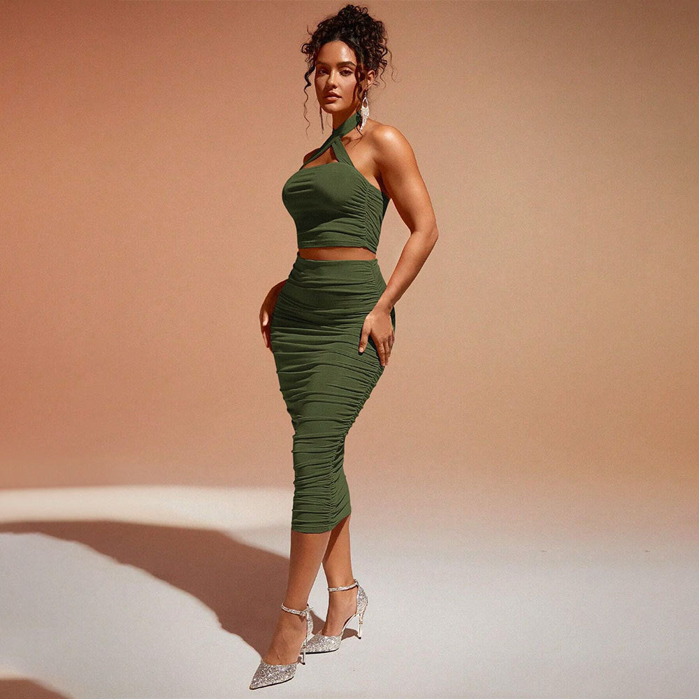Olive Cross Over Halter Neck Ruched Top & Skirt Set