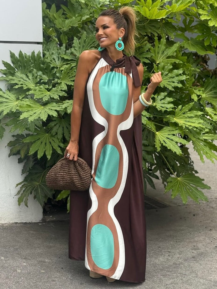 Brown Halter Neck Printed Dress