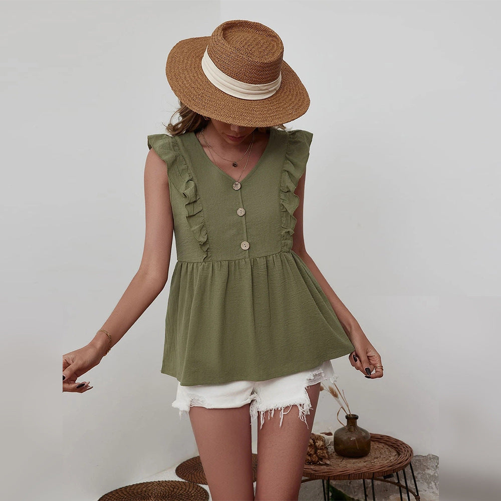 Olive V- Neck Ruffle Top