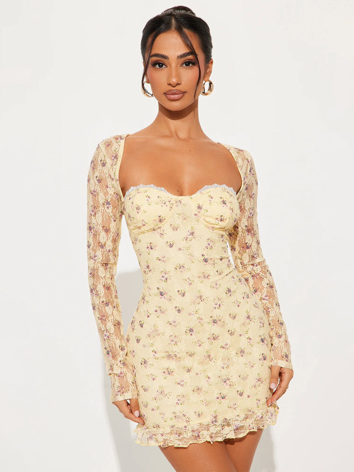 Yellow Printed Sweetheart Neckline Mesh Dress
