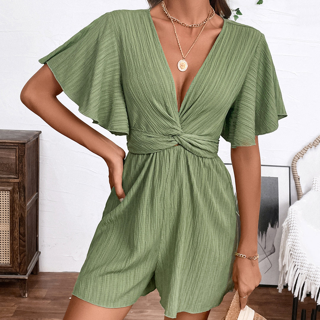 Light Green Knot Detail Romper With Flared Sleeve