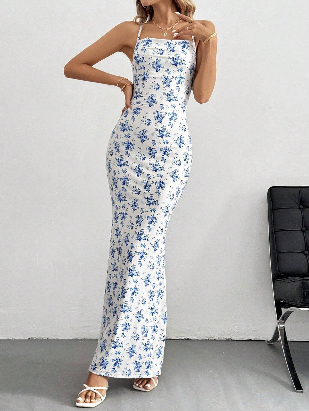 Green Printed Shoulder Strap Backless Dress