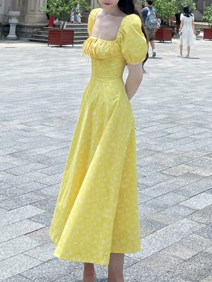 Square Neck Yellow Midi Dress With Puff Sleeve