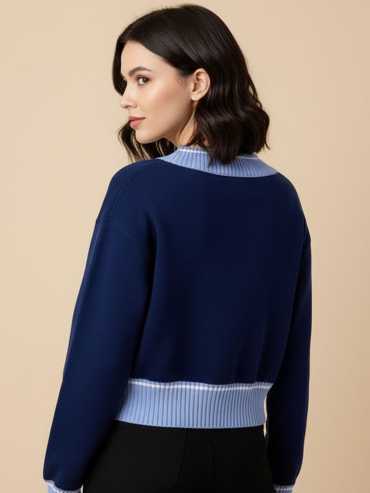 Navy Blue Full Sleeve Contrast Sweater